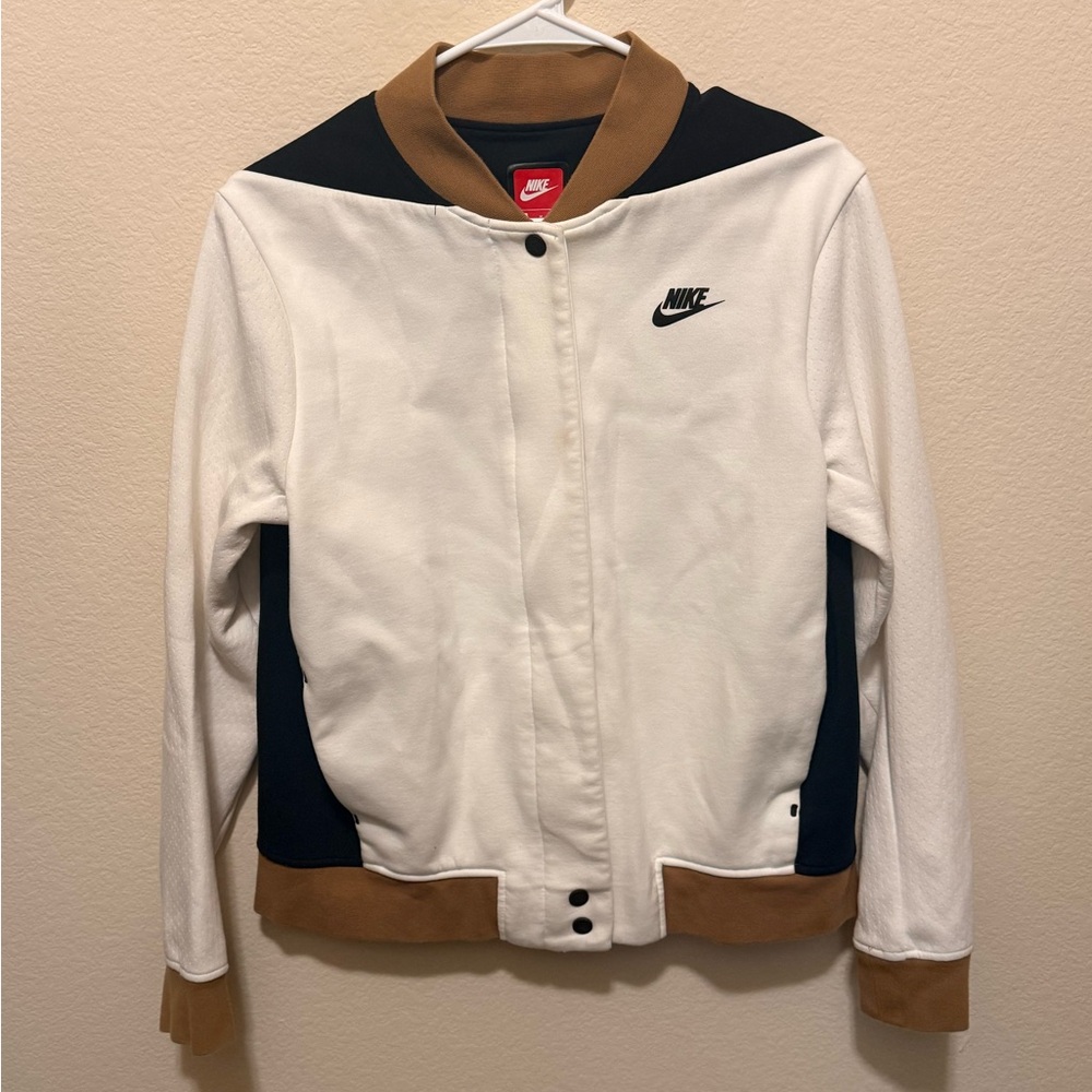 Nike Varsity Jacket in White, Black, and Tan (Lettermen Style) Womens
